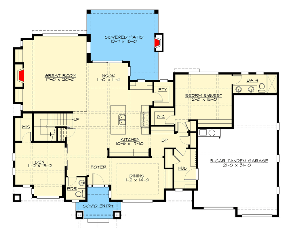 Plan 23915JD: 5-Bed Northwest Craftsman Plan with Flex Room and Den - Floor Plan - Main Level - Craftsman, New American, Northwest