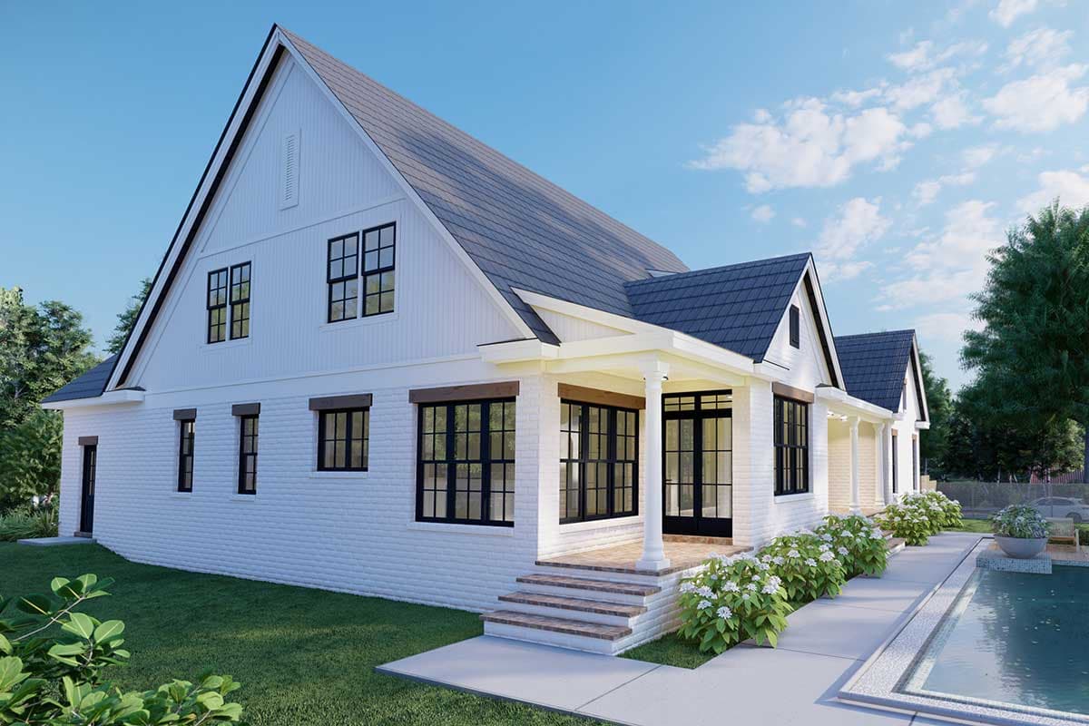House plan exterior: Modern Farmhouse style, two stories, white brick, gabled roof, front porch with columns and black-paned windows.