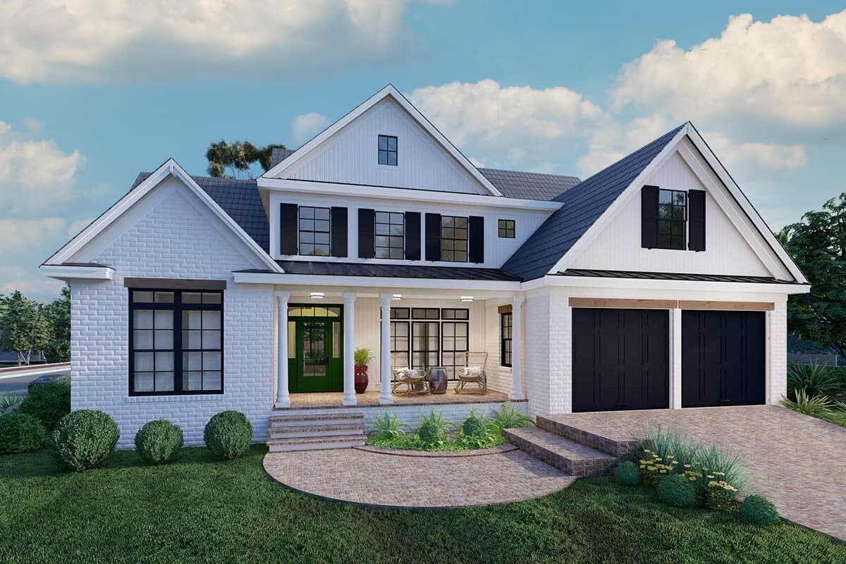 House plan exterior featuring a two-story farmhouse style, with a front porch, gables, and a two-car garage. White brick facade and black accents.