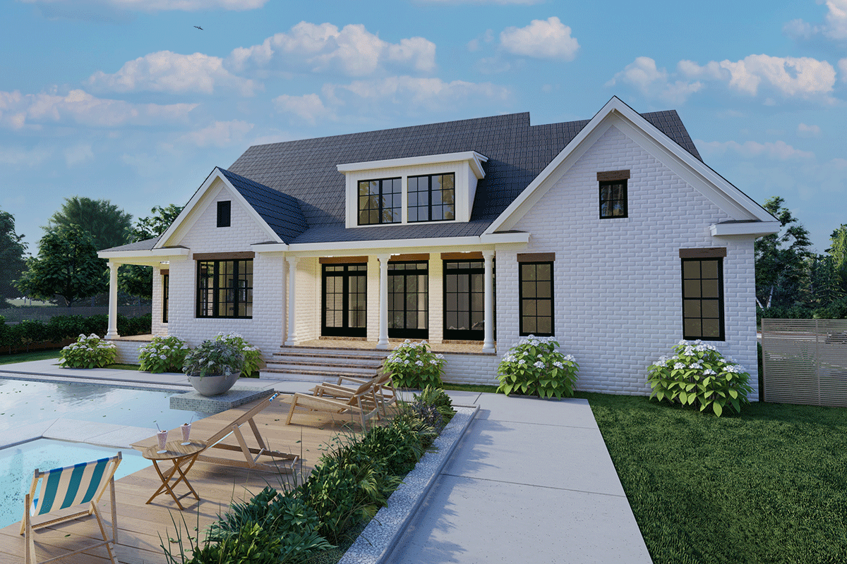 House plan exterior: White brick, 1.5 story modern farmhouse with gabled dormers, covered front porch with columns, and dark-framed windows.