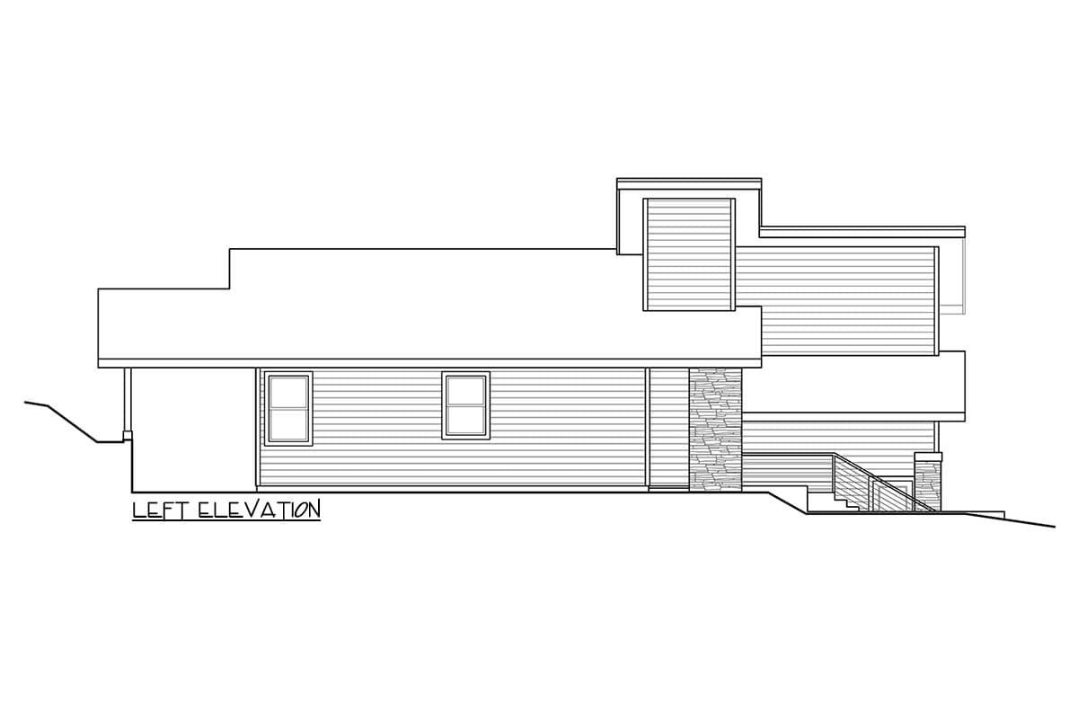 Left elevation drawing of a house plan showing a multi-level roofline, horizontal siding, stone accents, and stairs.