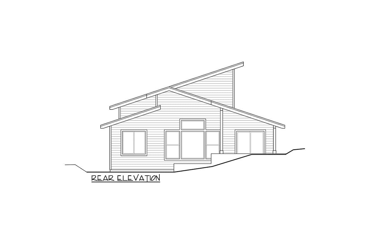 Rear elevation drawing of a house plan with a sloped roofline, multiple windows, and sliding glass doors.