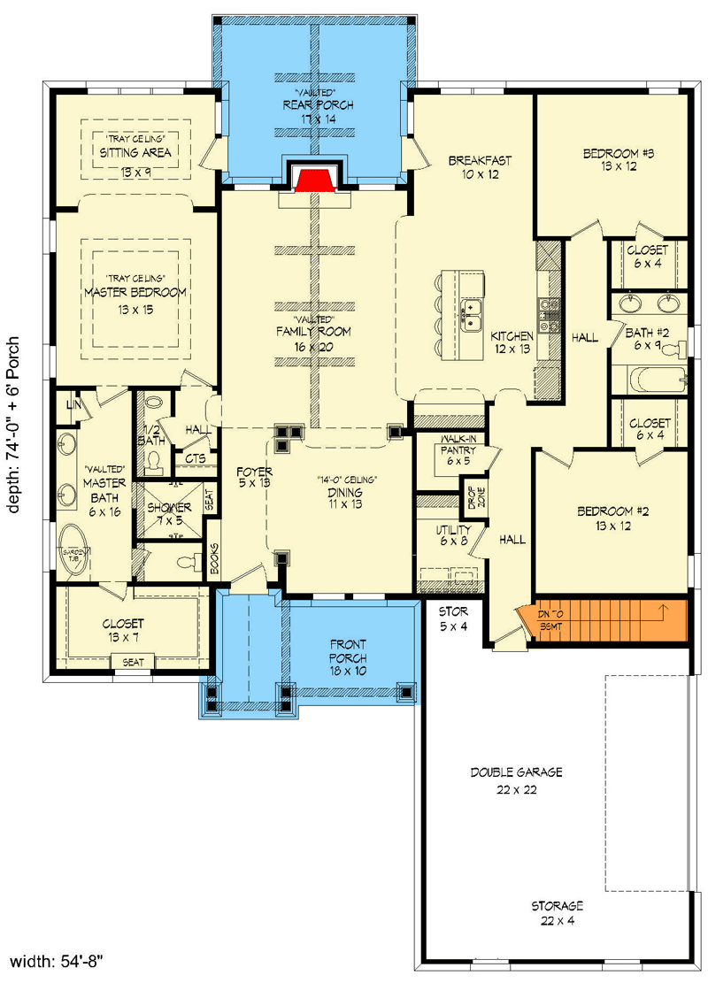 Plan 68906VR: Rustic Split Bedroom Craftsman Home Plan with Vaulted Family Room and Rear Porch - Floor Plan - Main Level - Country, Craftsman, Mountain, New American, Ranch