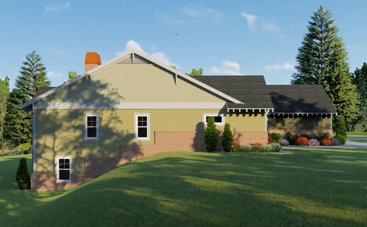 House plan exterior with a brick foundation, gabled dormer, central chimney, and a multi-level roofline.