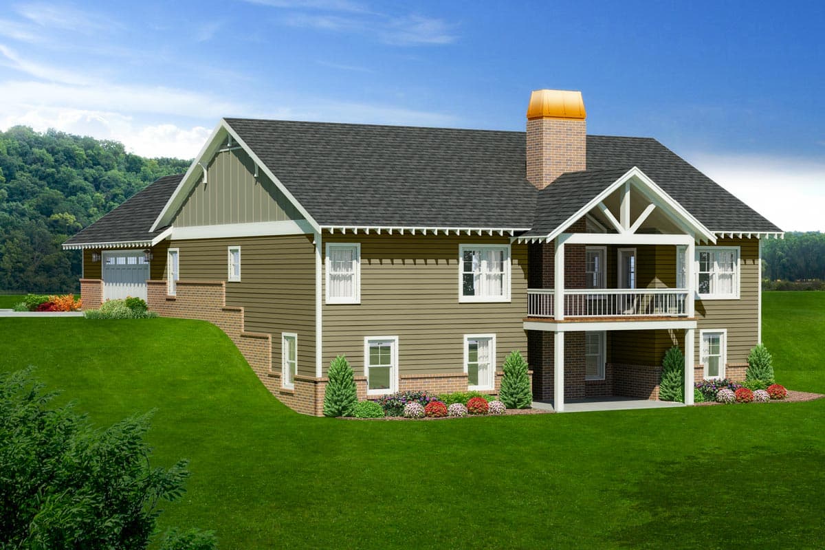 House plan exterior: Two-story home with sided exterior, brick foundation, gabled roof, dormer, and covered upper balcony.