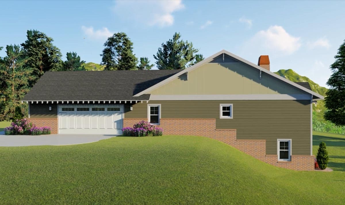 House plan exterior with a side view of a two-story home featuring a garage, gable vents, and brick foundation.