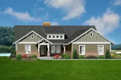 Rustic Split Bedroom Craftsman Home Plan with Vaulted Family Room and Rear Porch