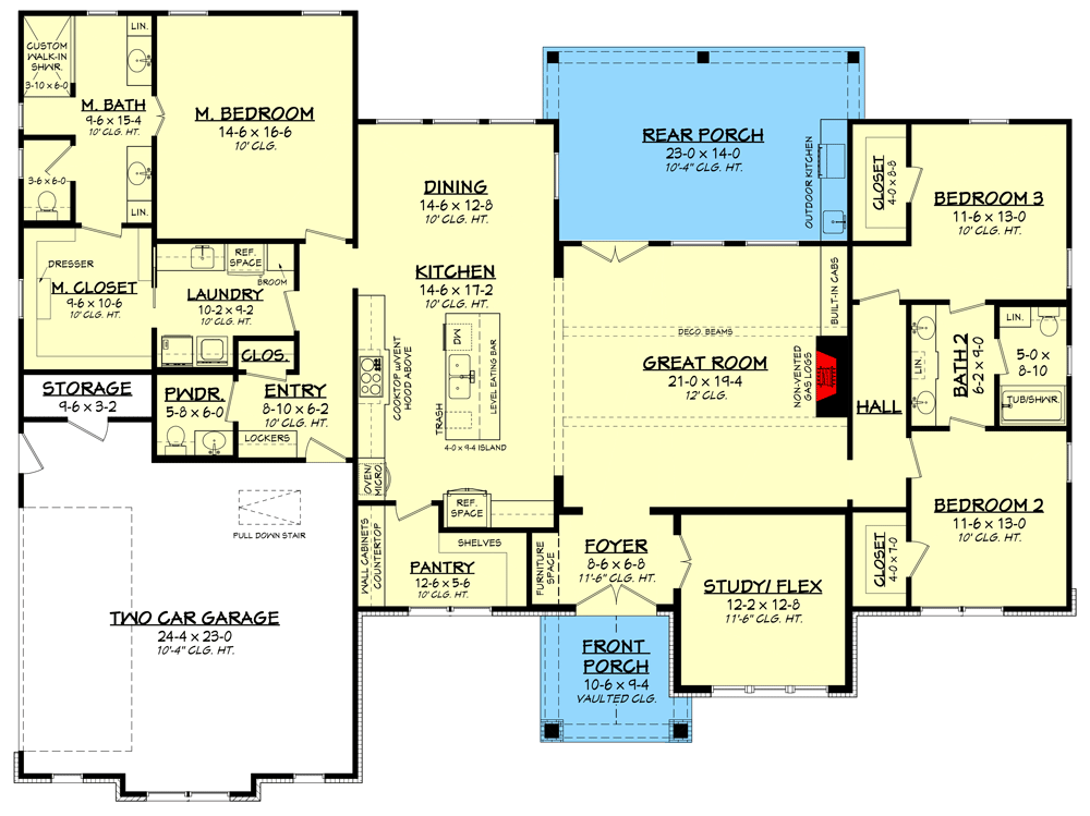 Plan 51882HZ: Modern Texas Ranch House Plan with Flex Room and Master Suite Access to Laundry Room - Floor Plan - Main Level - Hill Country, New American, Ranch