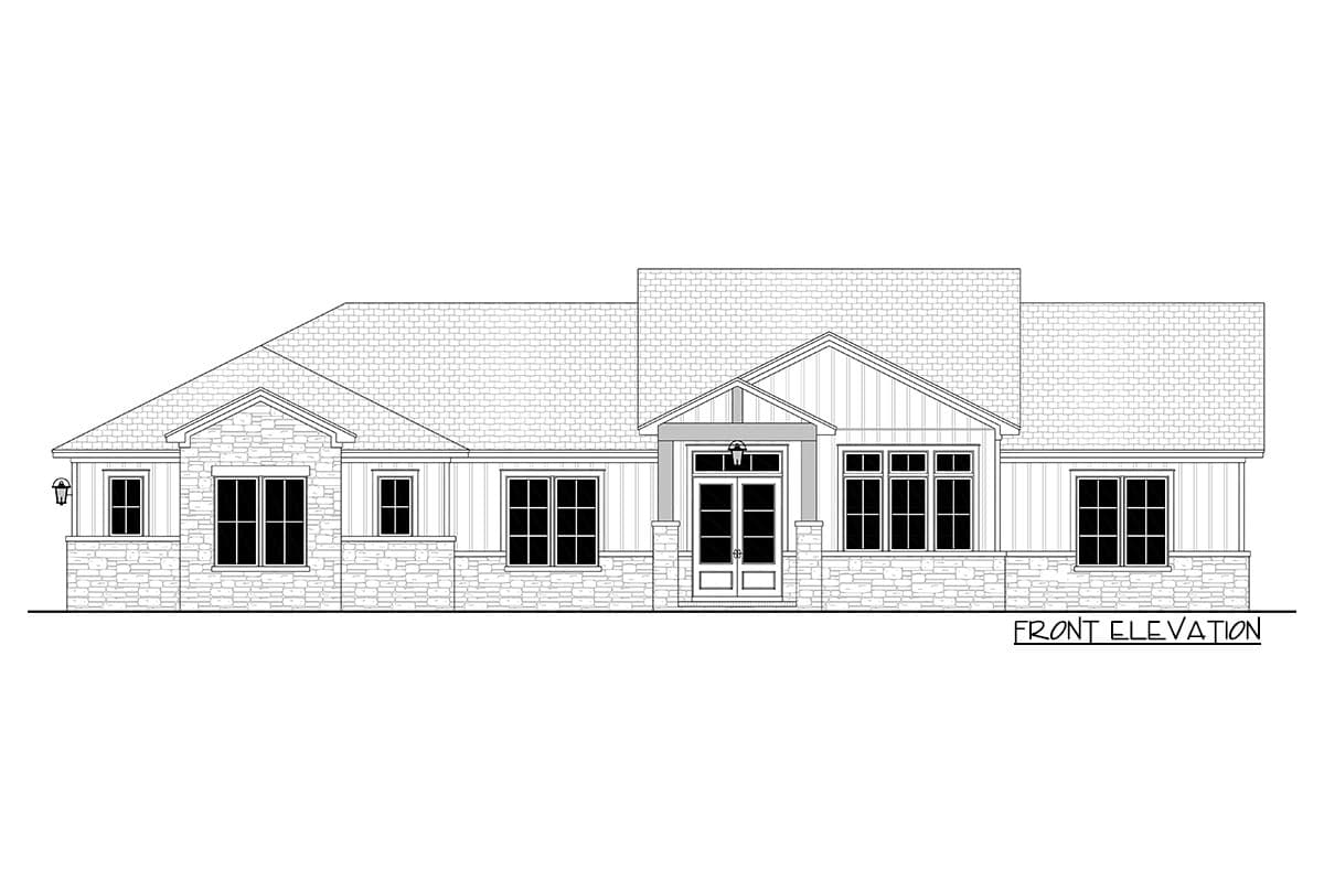 Front elevation drawing of a one-story house with stone accents, prominent gables, and a covered entry porch.