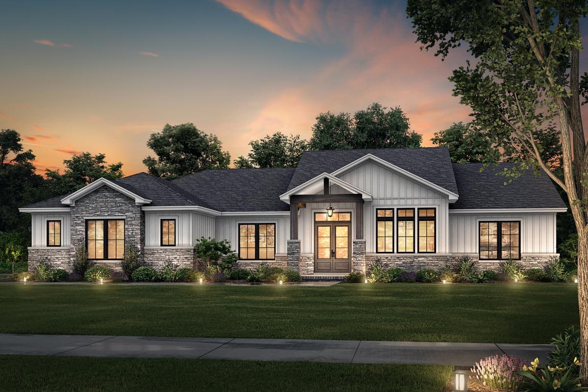 House plan exterior: One-story Modern Farmhouse with stone accents, prominent gables, and a covered entry porch.