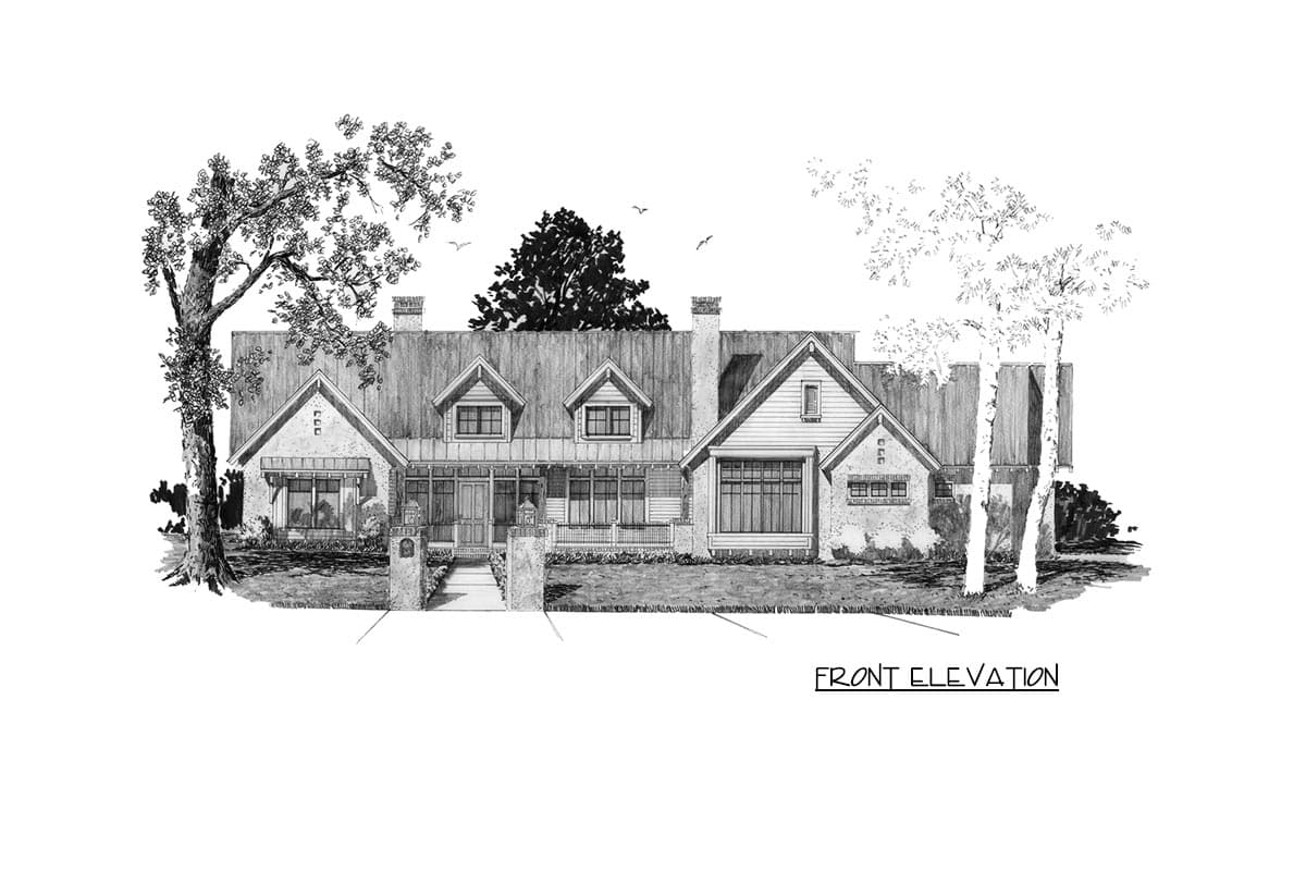 Front elevation drawing of a one-story house with gables, dormers, a covered porch, and multiple chimneys.