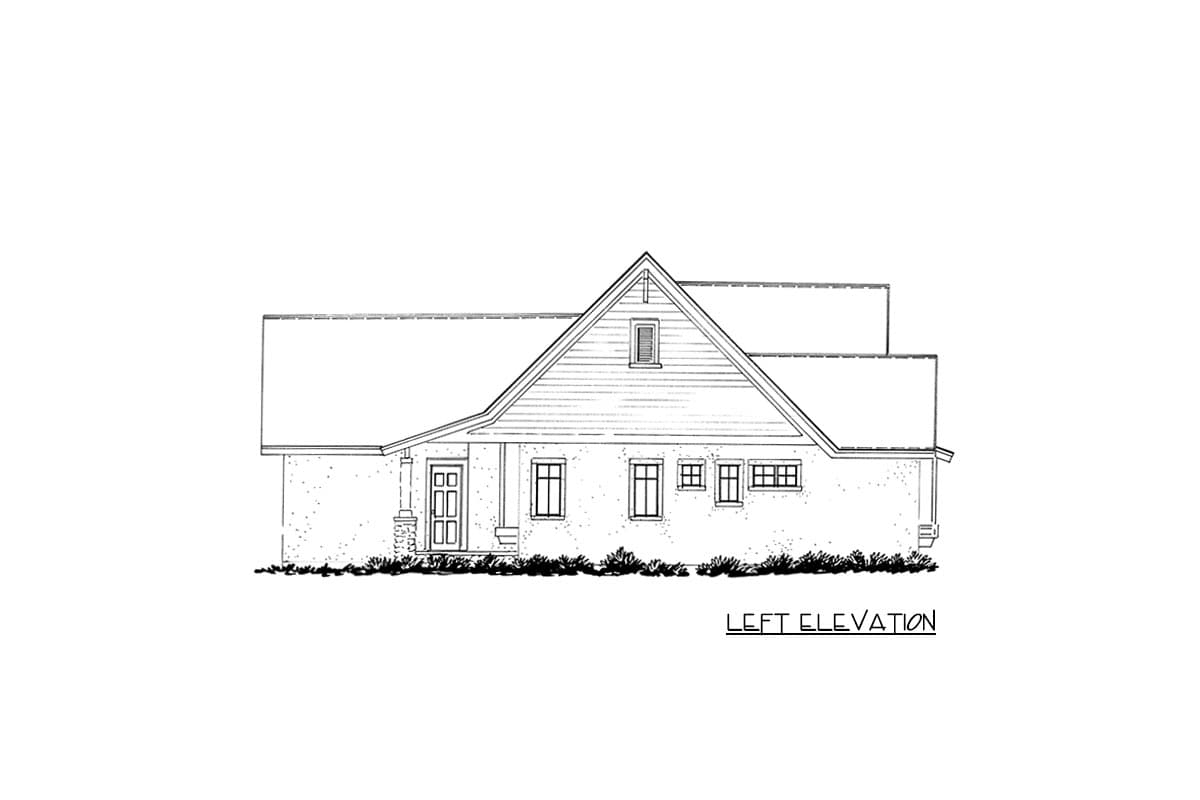 Left elevation drawing of a house plan with a prominent gable, covered entry with columns, and multiple windows.