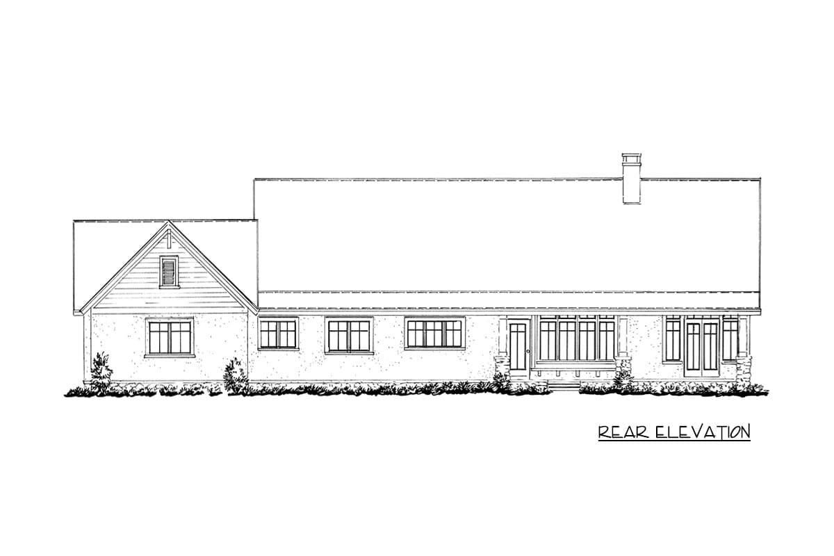 Rear elevation drawing of a house plan featuring a gable dormer, chimney, and covered porch with stone accents.