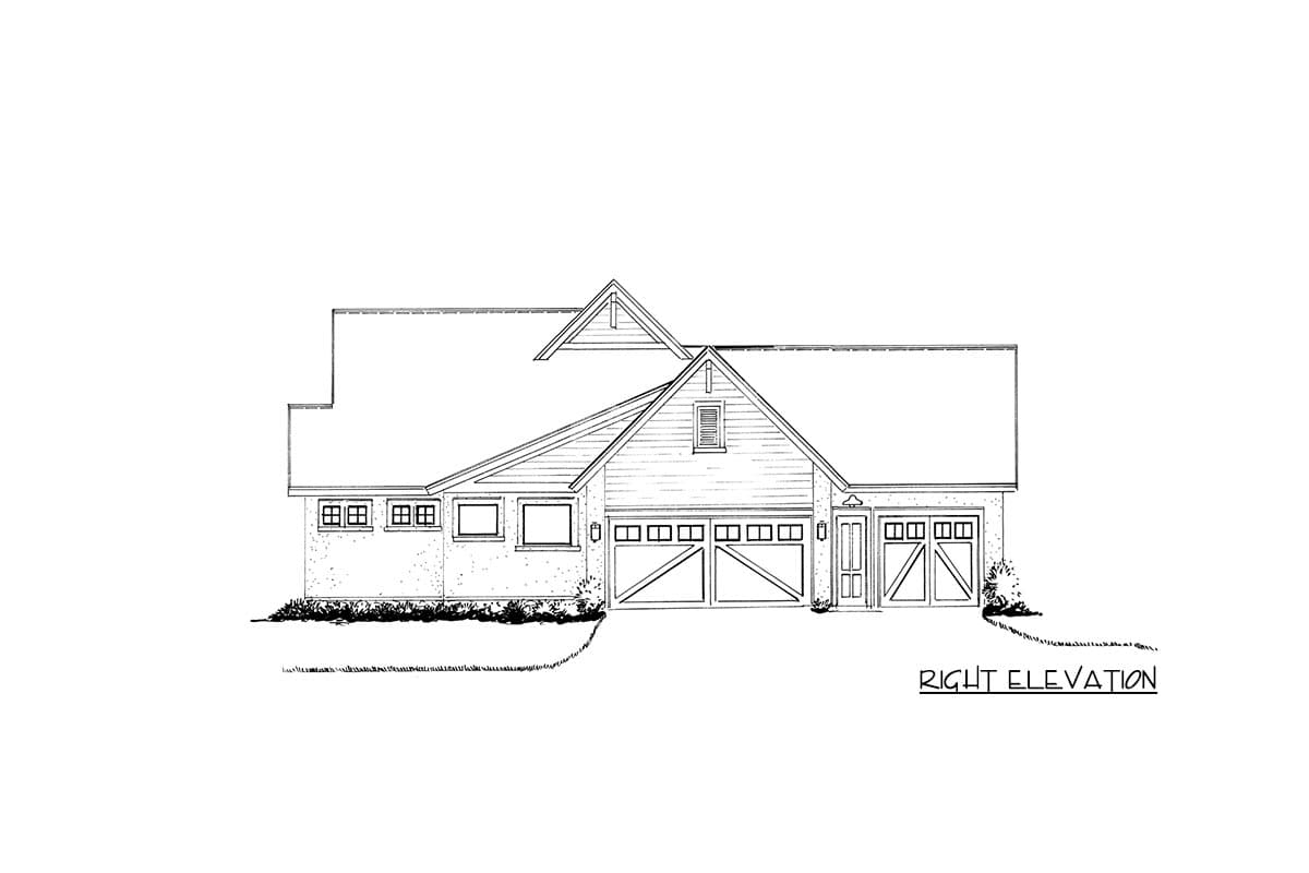 House plan right elevation drawing with a large gable, a dormer, and a three-car garage.