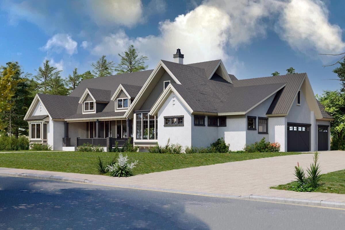 House plan exterior featuring dormers, a covered porch, and a gable roofline. Includes a two-car garage with a side-entry orientation.