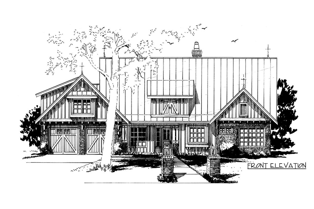 Front elevation house plan with metal roof, gables, stone base, and double garage.