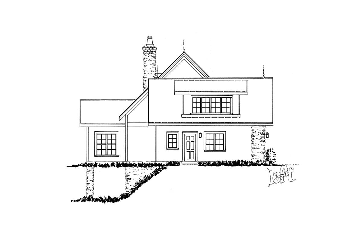 House plan exterior elevation with prominent chimney, multi-level rooflines, and stone accents.