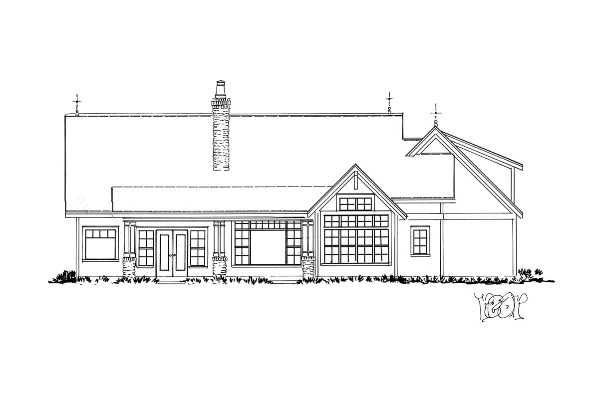 House plan exterior: Single-story home with a covered porch, prominent chimney, and gabled dormer.