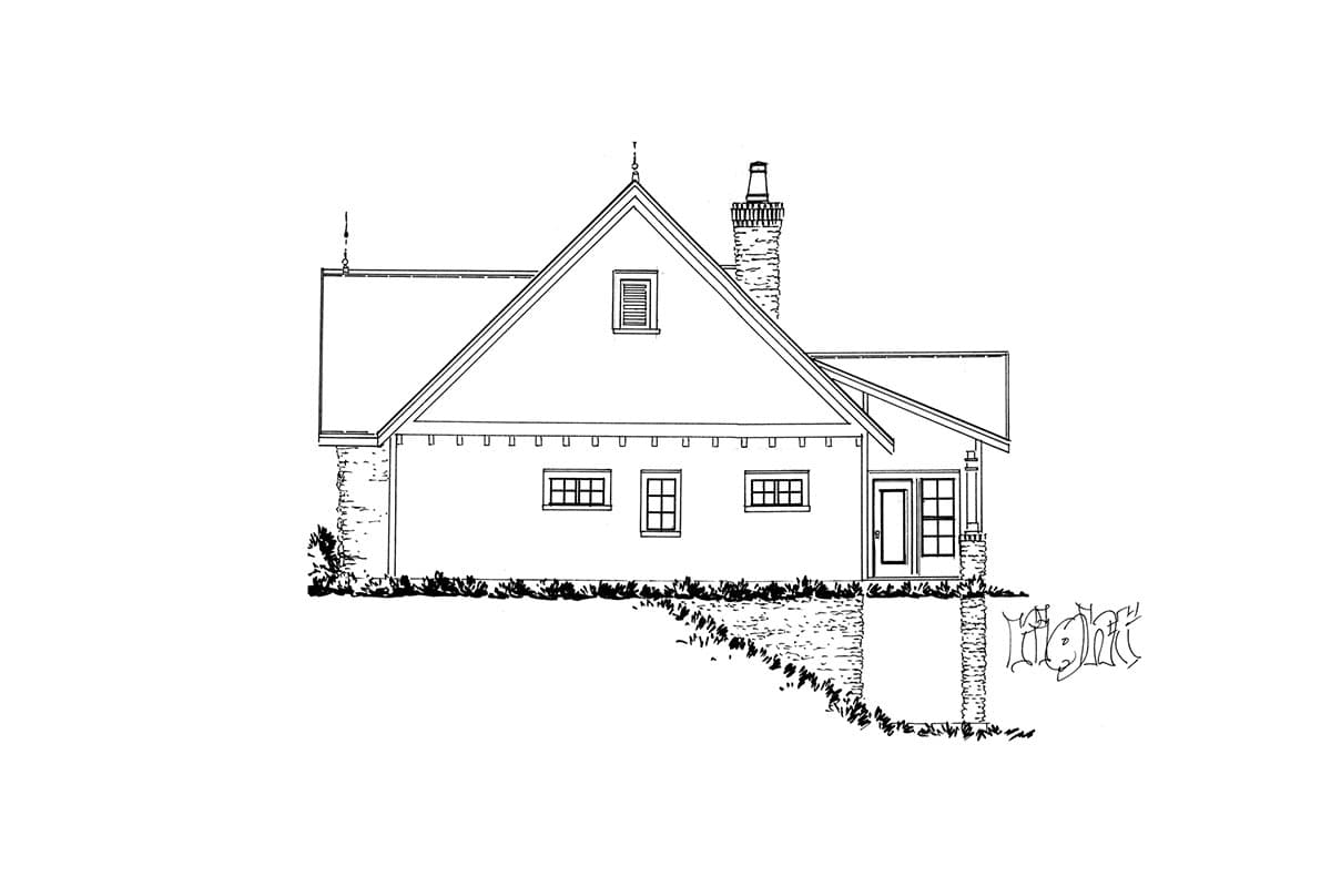 House plan exterior: Gable roof, prominent chimney, multiple windows, and covered entry with columns.