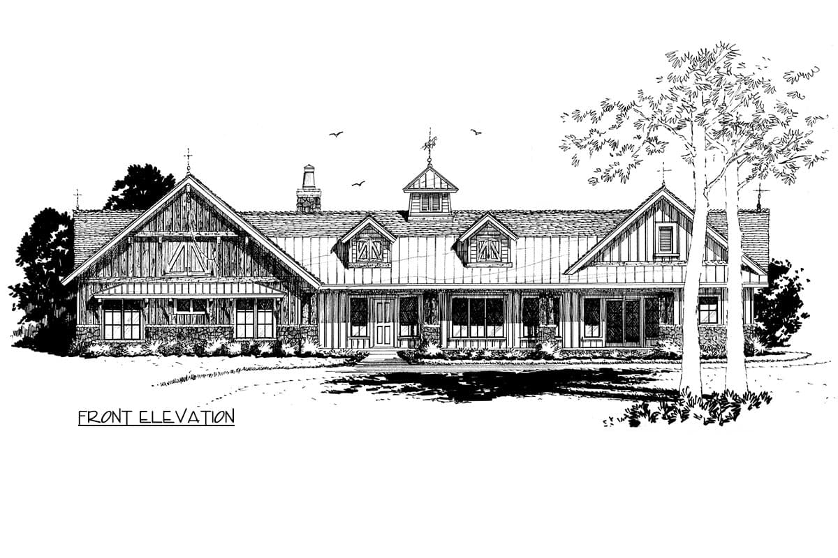 Front elevation drawing of a Modern Farmhouse style house plan with a long porch, multiple gables, dormers, and a cupola.