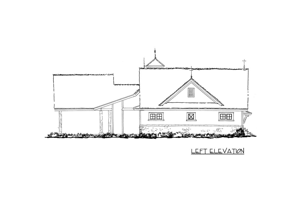 Left elevation house plan showing a multi-story structure with a covered porch, gabled roof, and dormer window.