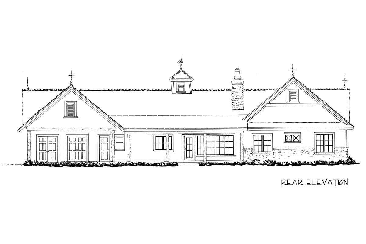 Rear elevation house plan with multiple gables, a central dormer with weather vane, stone accents, and a covered porch.