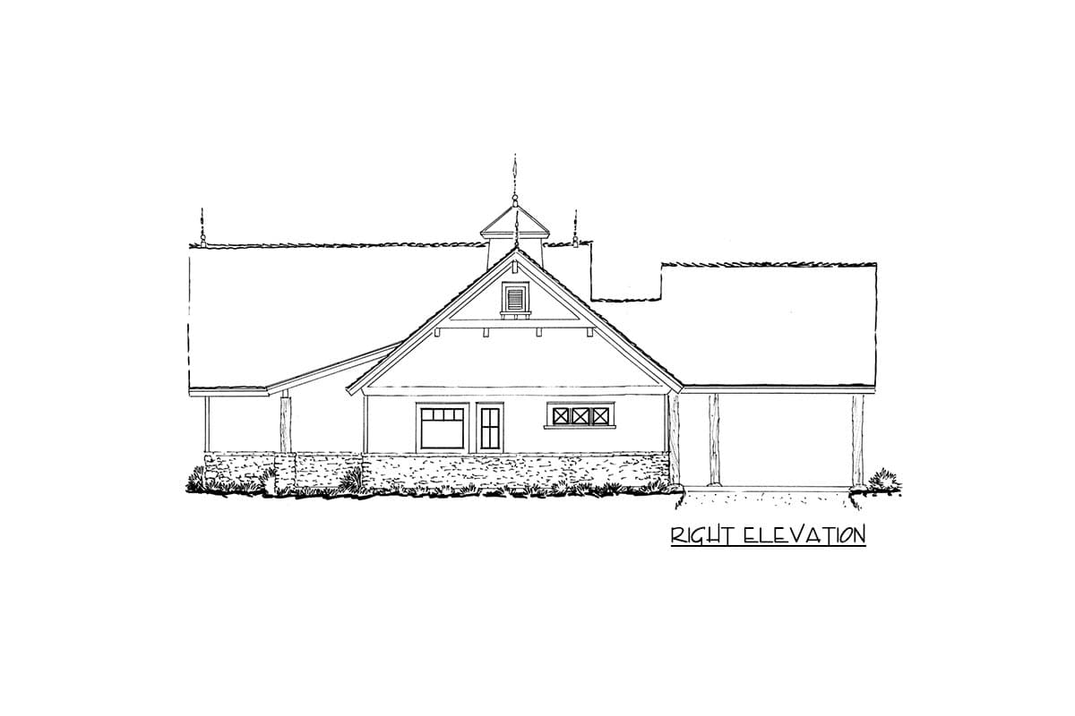 House plan right elevation: one-story, hip roof with cupola, stone base, covered porch, and attached garage.