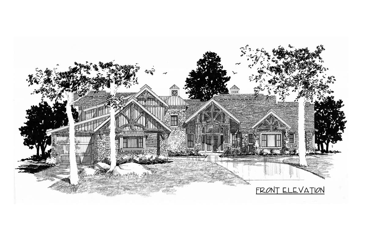 Front elevation drawing of a two-story house plan with stone and timber detailing, prominent gables, and a large central entry.