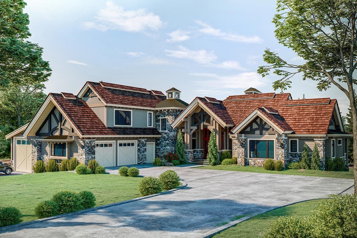 House plan exterior. Two-story Craftsman home with gabled rooflines, stone accents, exposed timber framing, and a three-car garage.