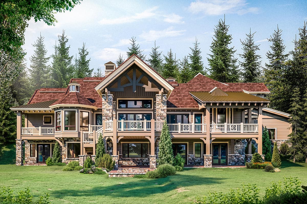 House plan exterior, Rustic style, two stories, stone accents, multiple balconies, and gabled rooflines.
