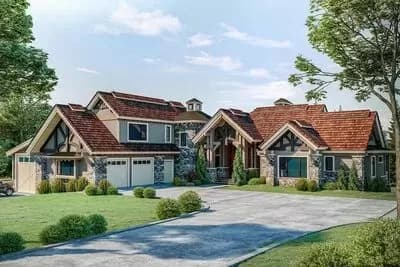 Luxury Mountain Craftsman Home Plan with RV Bay and Walk-out Basement