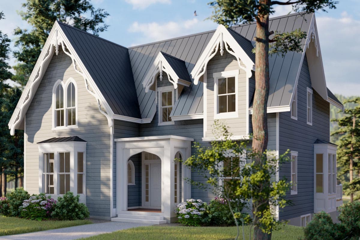 House plan exterior. Two-story Victorian style home with decorative gables, arched windows, and a covered front entry porch.