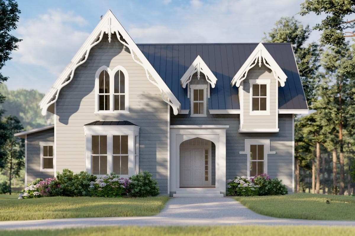 House plan exterior: Victorian style, two stories, bay window, decorative gables, arched entry.