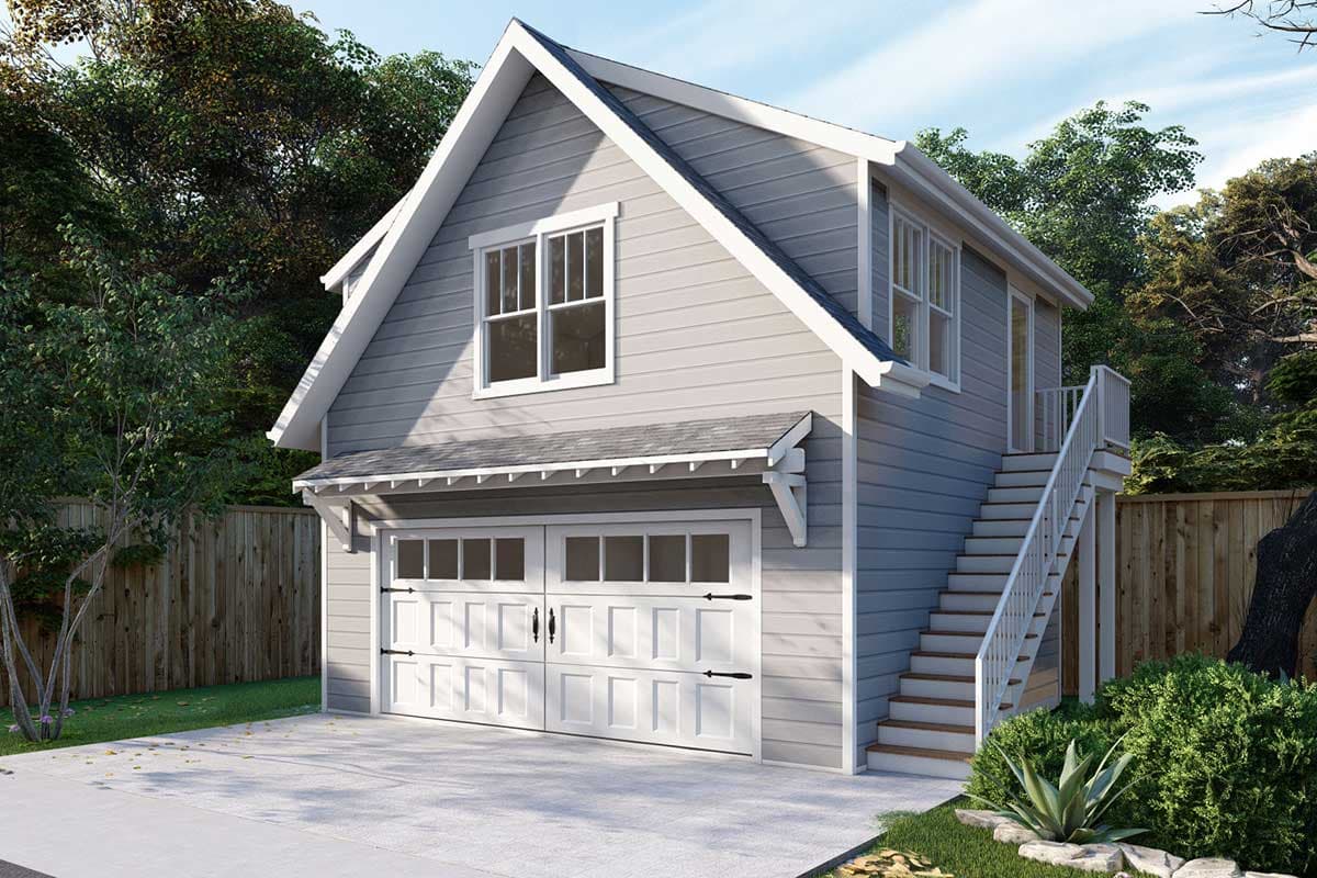 House plan exterior with two-car garage, side stairs to upper level, gabled roof, and horizontal siding.