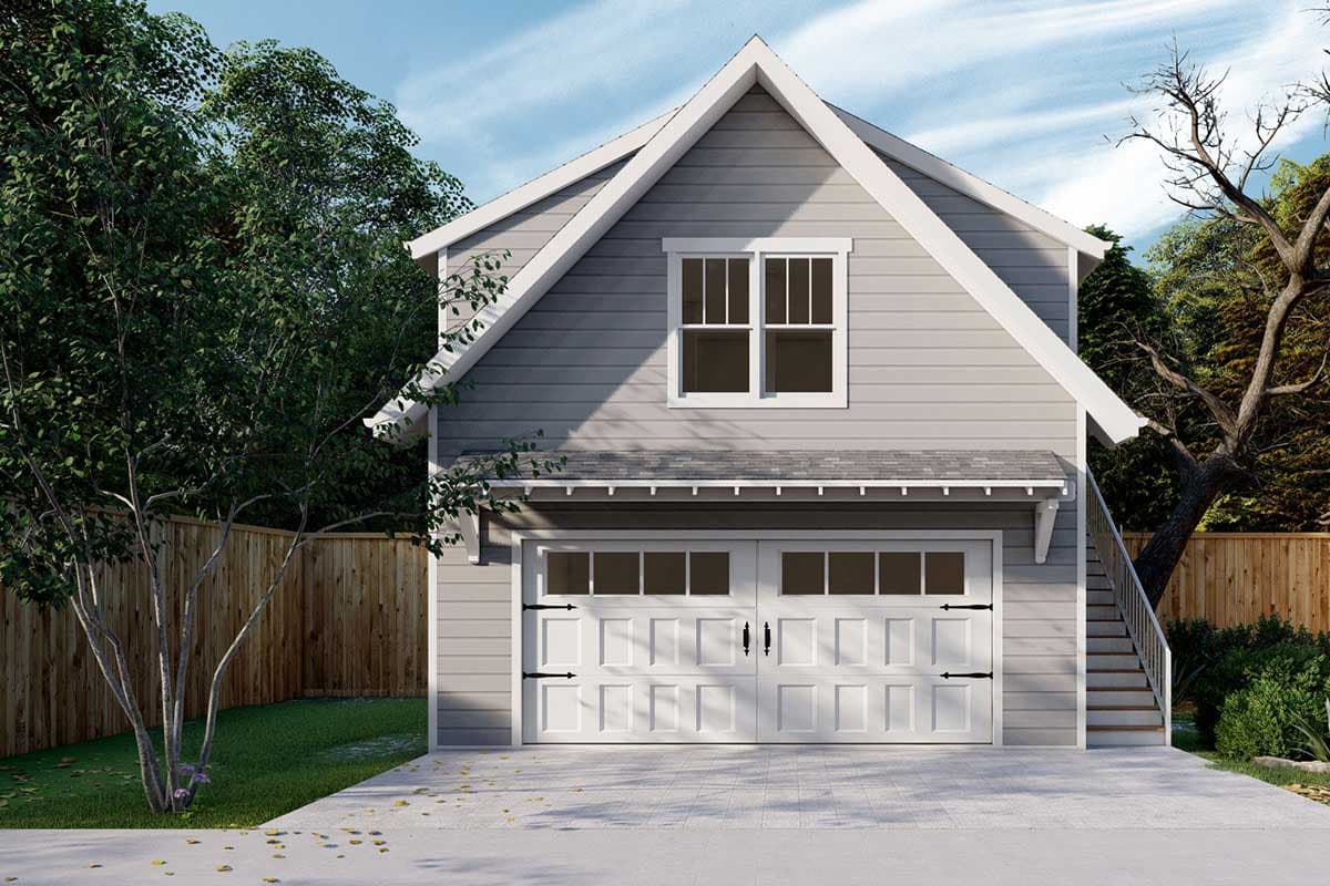 House plan exterior. Two-story structure with gable roof. Includes a two-car garage with double doors. Features a shed dormer and exterior staircase.