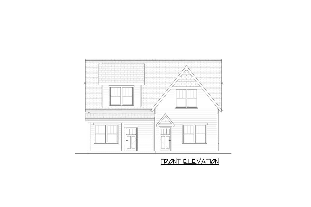Front elevation drawing of a two-story house with two front doors, multiple gables, and varied window styles.