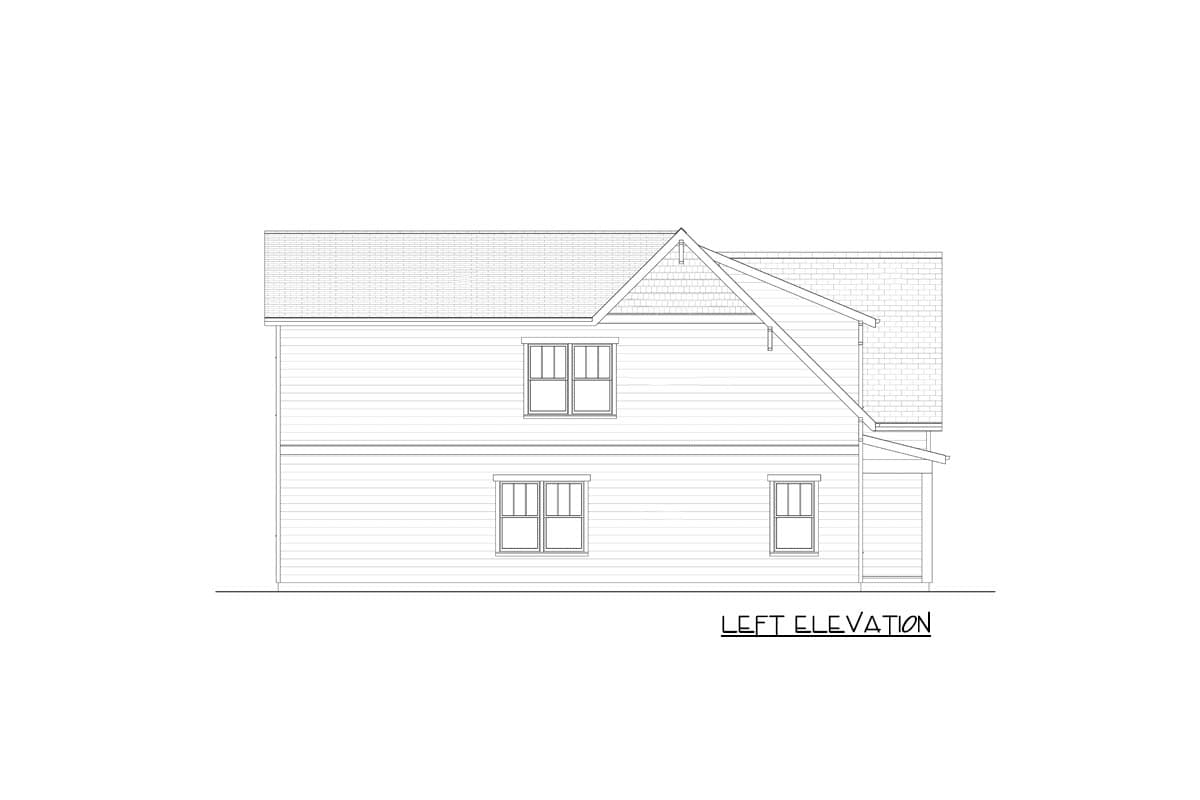 Left elevation house plan drawing showing two stories, clapboard siding, gable roof with decorative shingle work, and varied window styles.