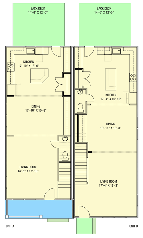 Plan 50202PH: 2-Unit Country Craftsman Structure with Back Decks - Floor Plan - Main Level - Country, Craftsman