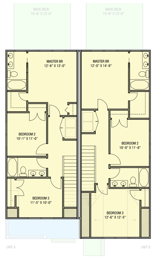 Plan 50202PH: 2-Unit Country Craftsman Structure with Back Decks - Floor Plan - 2nd Floor - Country, Craftsman