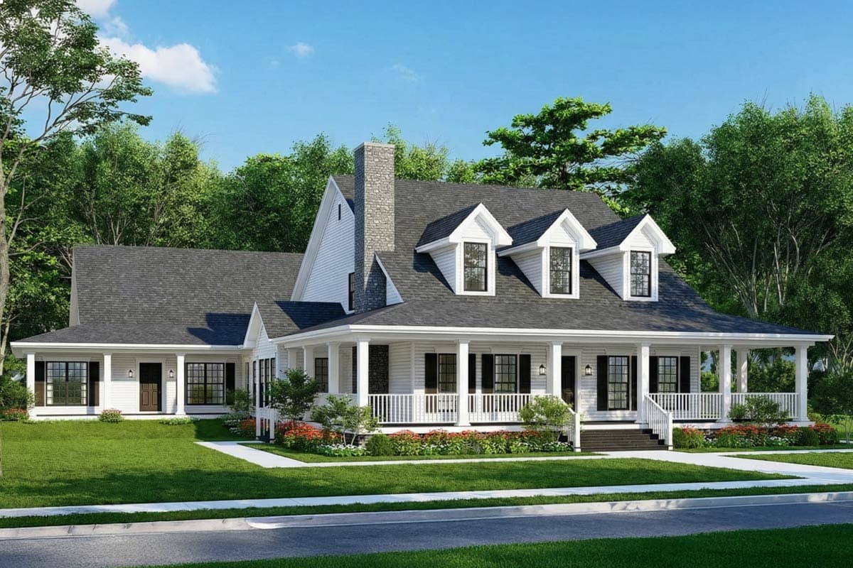 House plan exterior. Two-story Modern Farmhouse with a wraparound porch, gabled roof, dormers, and stone chimney.