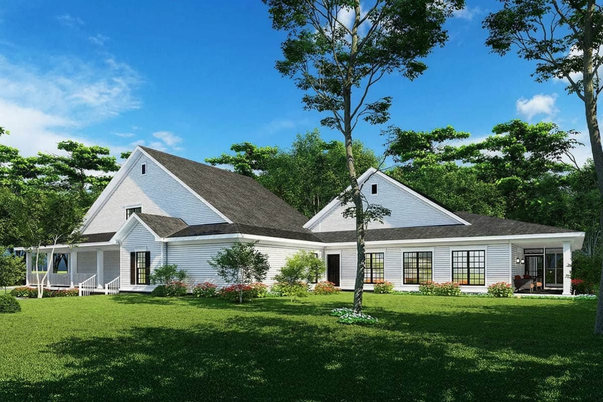 House plan exterior: Modern Farmhouse style, one story, L-shaped, gabled roof, porch, and numerous windows.