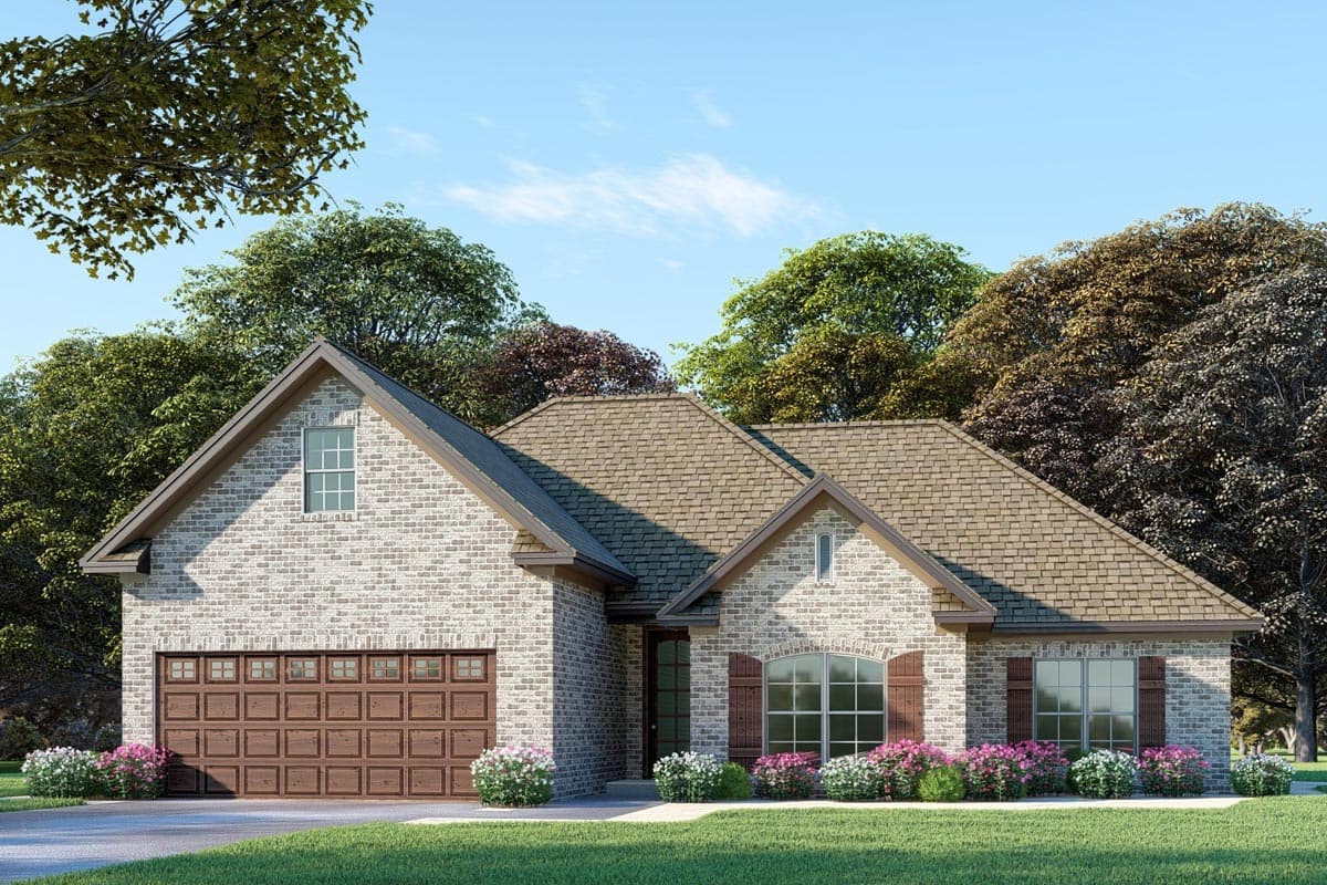 House plan exterior with brick facade, gable roof, and attached garage. Features include a front-facing gable and decorative shutters.