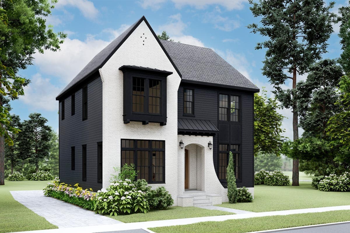 Two-story house plan exterior with white brick and dark siding, featuring a prominent bay window, gabled dormers, and an arched entryway.