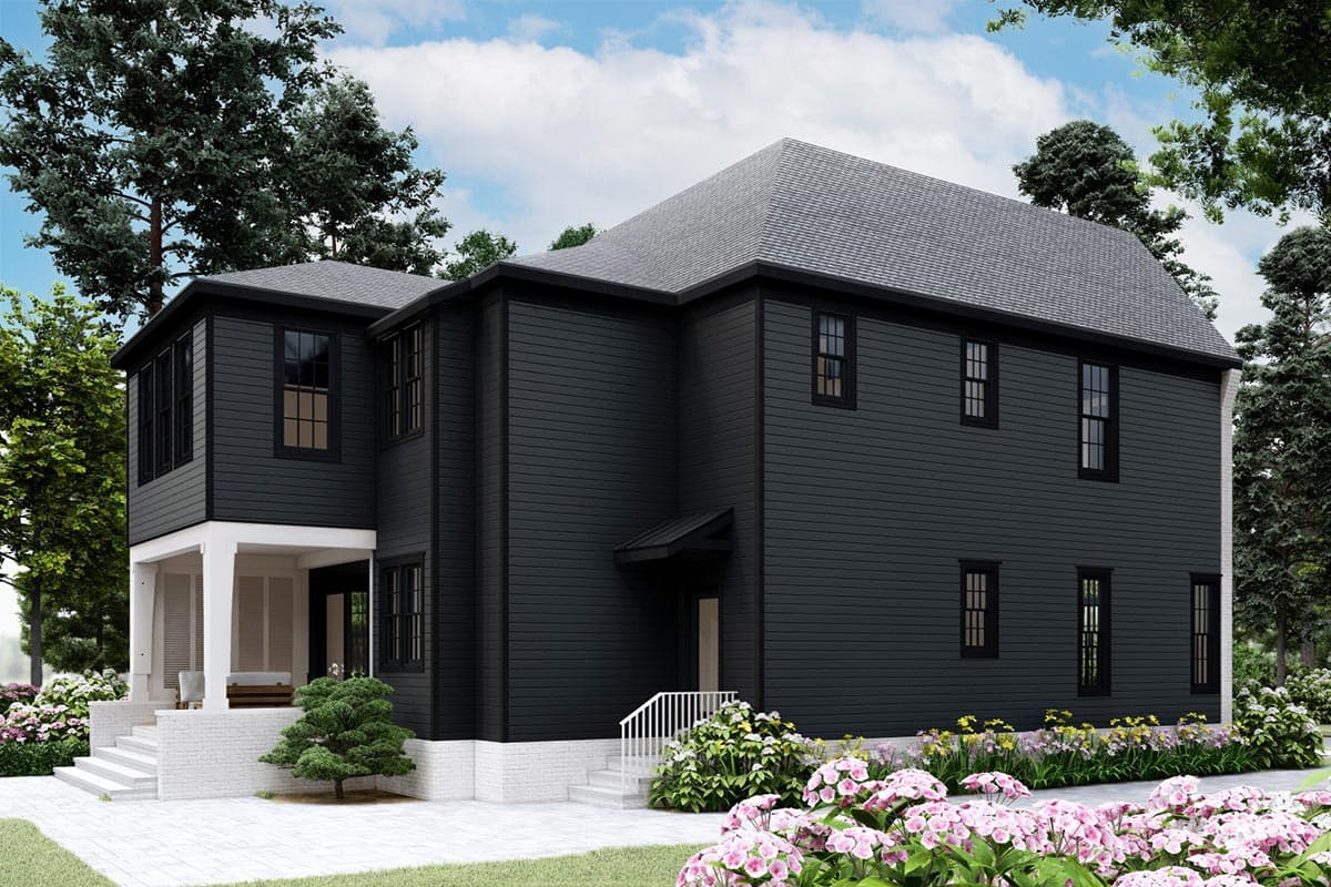 House plan exterior: two-story Modern Farmhouse with dark siding, covered porch, gabled roof, and multiple windows.