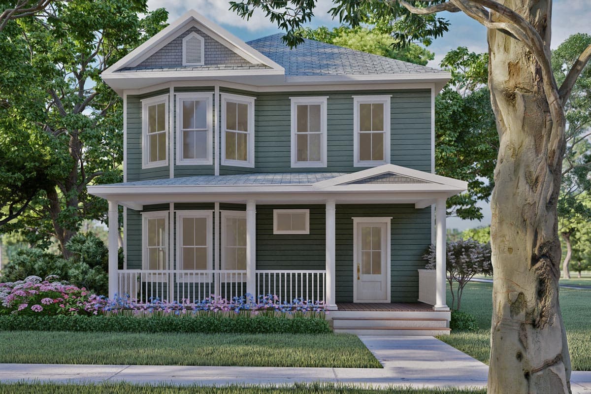 House plan exterior: Two-story house in a Victorian style with bay windows, a front porch, and a gable roof with a decorative dormer.