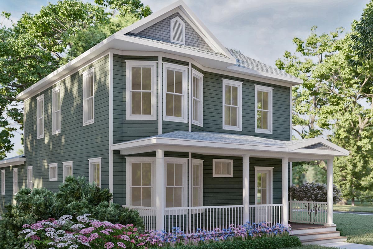 Two-story house plan exterior featuring a wraparound porch with white railing, bay windows, and a prominent gable with a vent.
