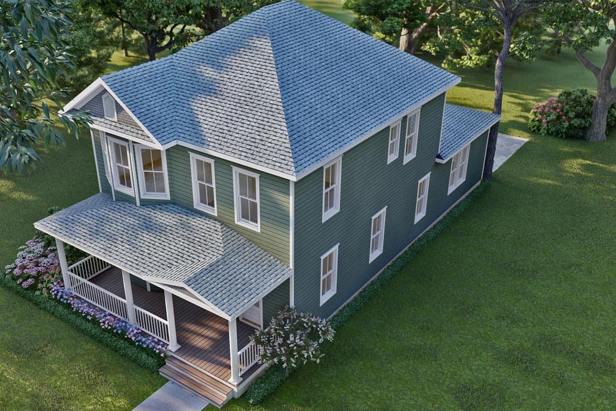 House plan exterior: Two-story traditional home with a wrap-around porch, gabled dormer, and attached garage.