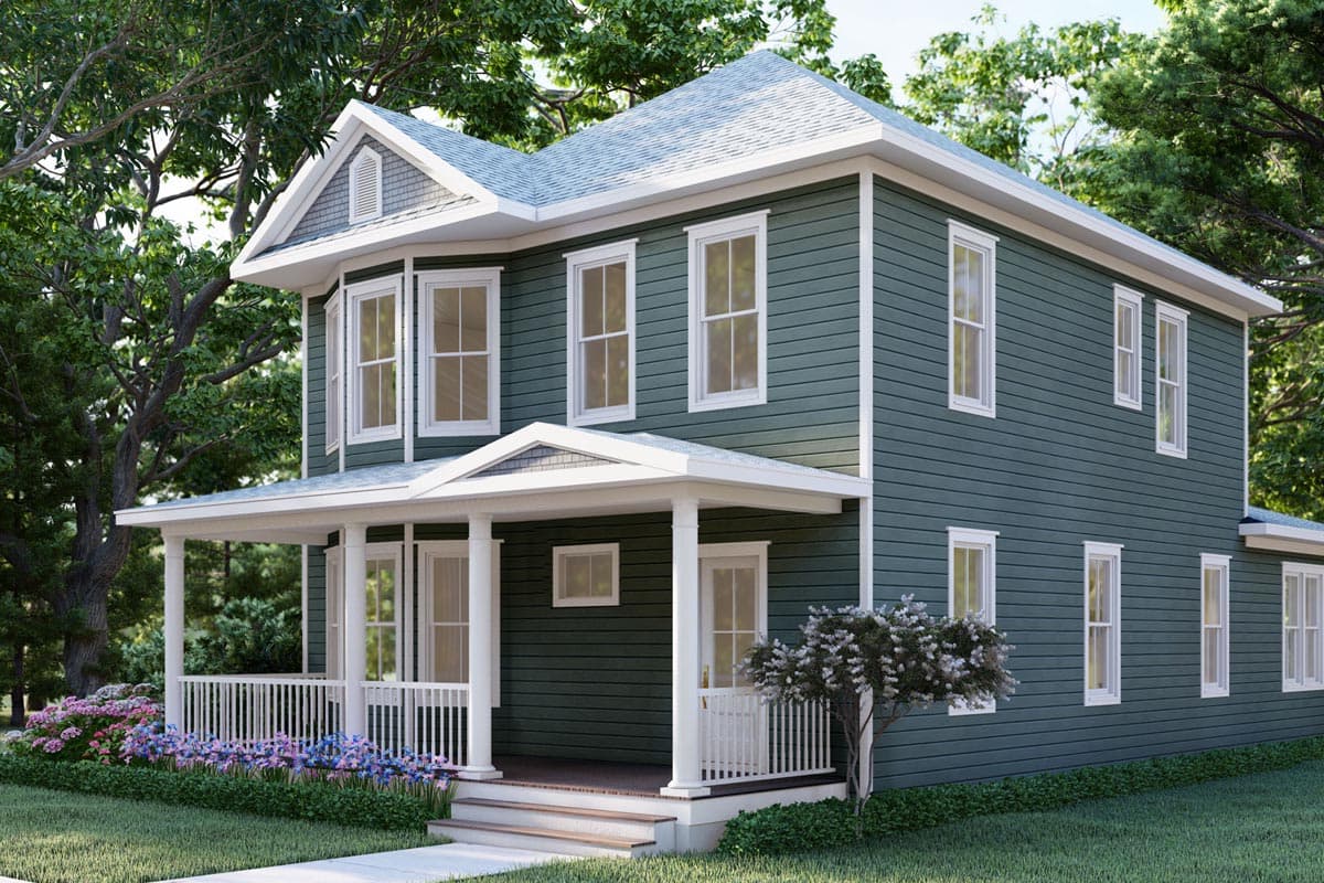 House plan exterior: Two-story home with a wraparound porch, bay windows on the second floor, and a prominent gable with dormer.