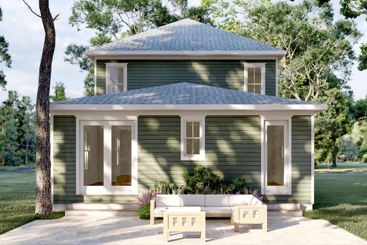 Two-story house plan exterior with horizontal siding, hipped roof, and double doors opening to patio.