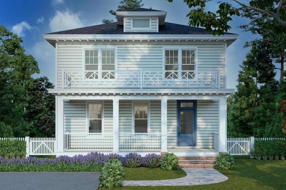 House plan exterior: two-story home with a wraparound porch, second-story balcony, and dormer.